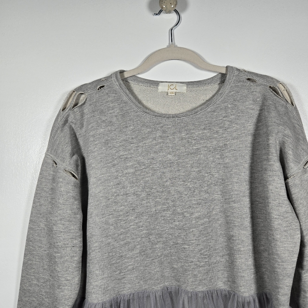 JCL Paris Gray Distressed Sweatshirt w/ Sheer Tulle Overlay Dress Size S/M - Picture 3 of 15